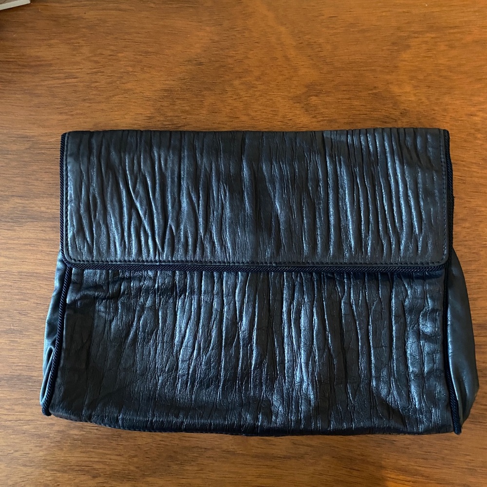 Navy oversized Prada leather clutch gaufre Tessuto wrinkled style